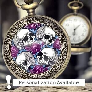 Skull & Roses Pocket Watch - Gothic Purple Floral Skeleton Charm Halloween Gift